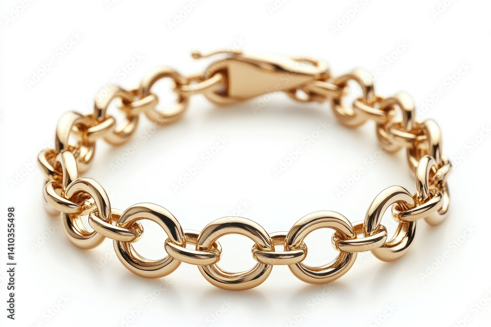Fototapeta premium Gold bracelet with a detailed link design, reflecting light, set against a dark background.