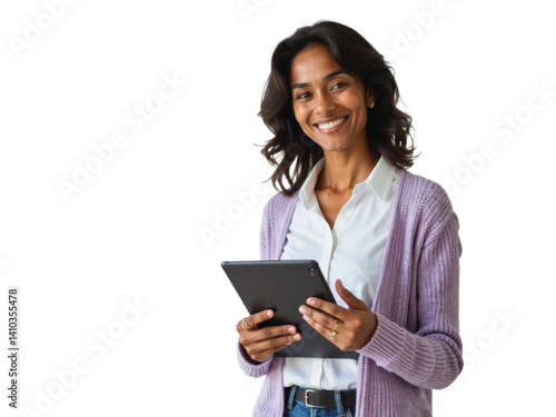 Wallpaper Mural Business portrait isolated on white transparent background: A smiling woman with wavy dark hair holds a tablet and looks directly at the camera, wearing a white shirt and a purple cardigan against a Torontodigital.ca