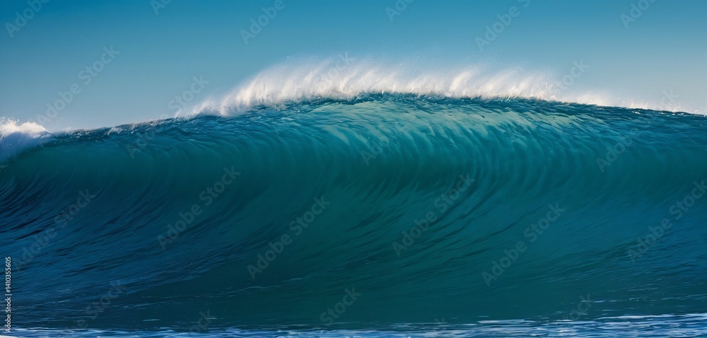 A dynamic sea water surface with larger, more pronounced waves, each cresting and curling slightly, captured at the perfect moment.