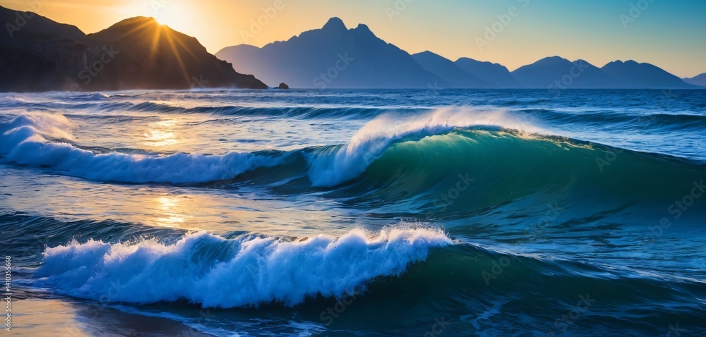 A dynamic sea water surface with larger, more pronounced waves, each cresting and curling slightly, captured at the perfect moment.