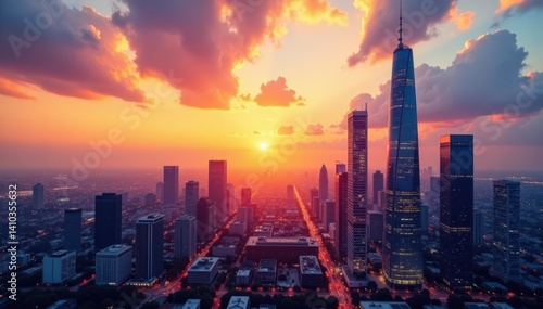 Wallpaper Mural Modern cityscape at sunset with skyscrapers and office buildings, business, sunset Torontodigital.ca