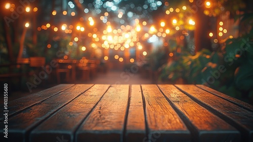Wooden table with clean surface, warm ambiance, abstract blurred background, soft overhead light. Minimalist elegance in a cozy setting.