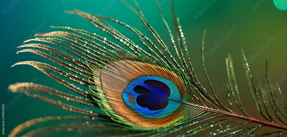 A hyper-realistic, ultra-HD image of a vibrant micro peacock feather with delicate water droplets resting on its surface.