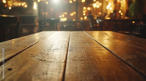 Wooden table with clean surface, warm ambiance, abstract blurred background, soft overhead light. Minimalist elegance in a cozy setting.