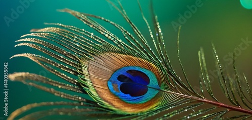 Obraz na płótnie A hyper-realistic, ultra-HD image of a vibrant micro peacock feather with delicate water droplets resting on its surface. w salonie