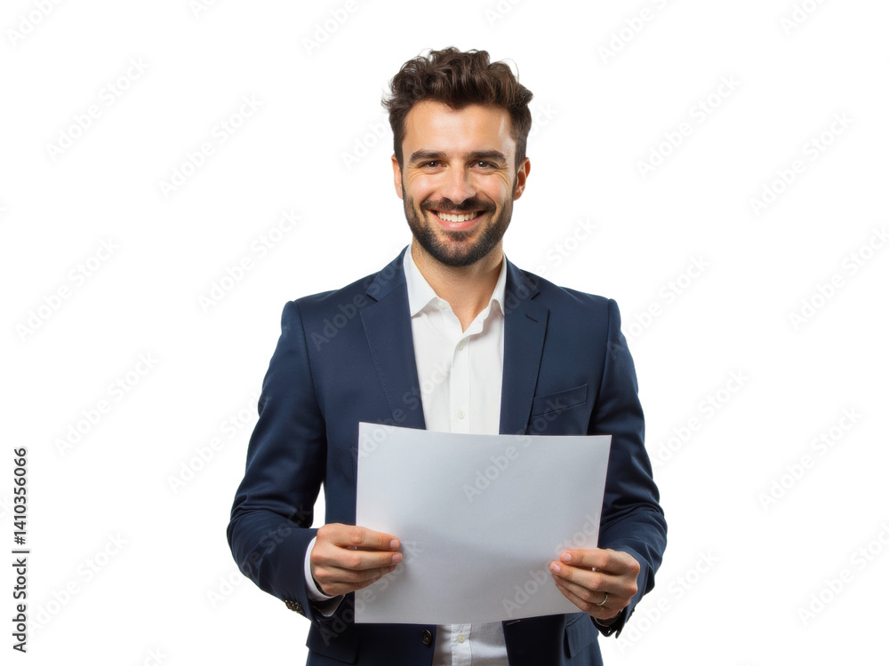 Business portrait isolated on white transparent background: A smiling young man in a navy suit confidently presents a document to the viewer against a clean white background. Business portrait isolated on white transparent background: A smiling young man in a navy suit confidently presents a document to the viewer against a clean white background.