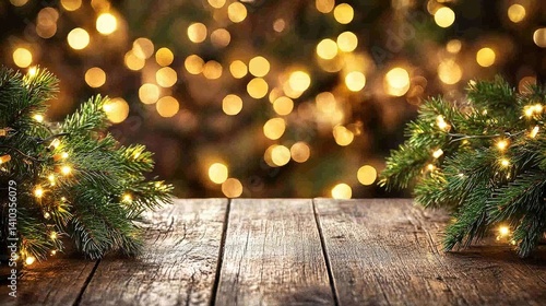 Wooden table with clean surface, warm ambiance, abstract blurred background, soft overhead light. Minimalist elegance in a cozy setting.