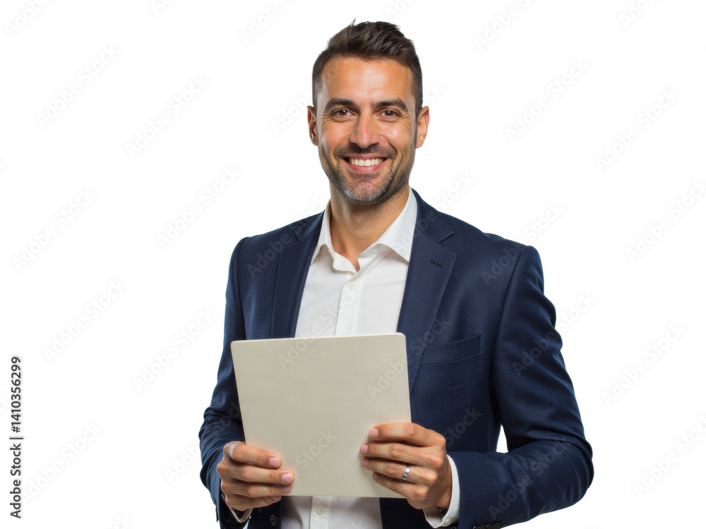 Business portrait isolated on white transparent background: A smiling man in a navy blazer and white shirt confidently holds a tablet, presenting a professional and modern image. Business portrait isolated on white transparent background: A smiling man in a navy blazer and white shirt confidently holds a tablet, presenting a professional and modern image.