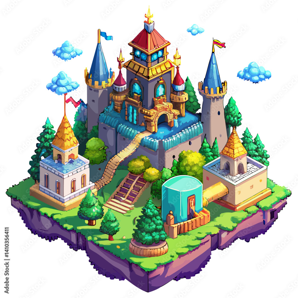 Colorful Fantasy Castle Illustration with Floating Island and Turrets Colorful Fantasy Castle Illustration with Floating Island and Turrets
