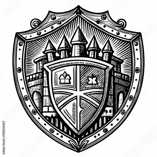 Heraldic Shield and Castle Emblem Vintage Black and White  Illustration
