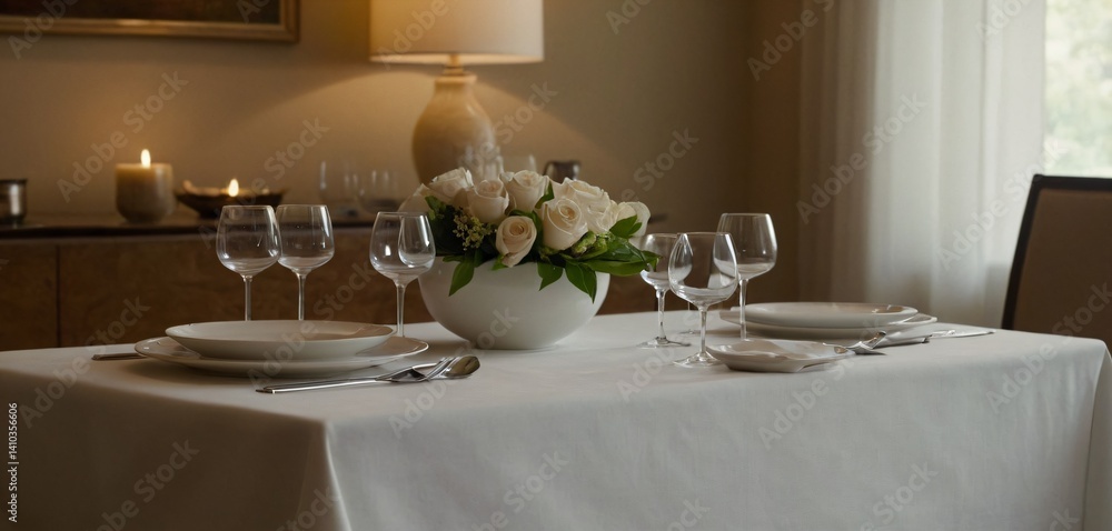 A pristine white tablecloth draped gracefully over a sleek, modern dining table, with subtle folds and creases that create a sense of depth and texture