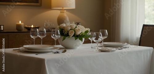 Obraz na płótnie A pristine white tablecloth draped gracefully over a sleek, modern dining table, with subtle folds and creases that create a sense of depth and texture w salonie