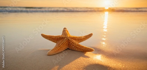 A serene beach scene at sunrise, with soft golden light casting a warm glow across the smooth sandy shore