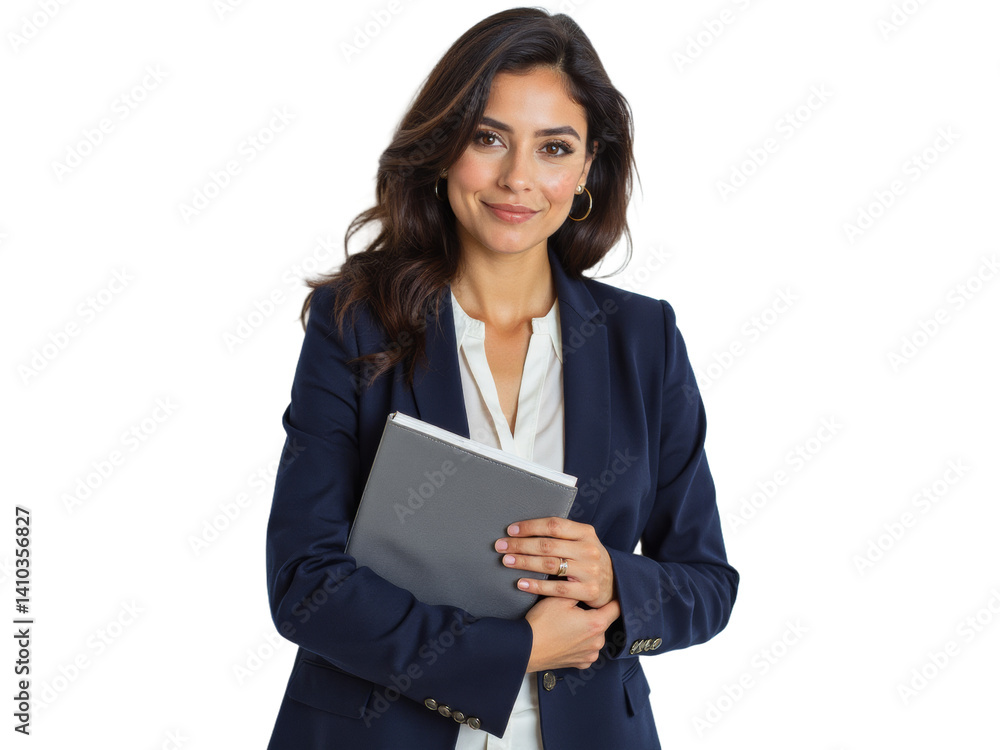 Business portrait isolated on white transparent background: A confident woman with dark hair and warm eyes smiles gently while holding a tablet and leaning against a plain white wall, dressed in a p Business portrait isolated on white transparent background: A confident woman with dark hair and warm eyes smiles gently while holding a tablet and leaning against a plain white wall, dressed in a p