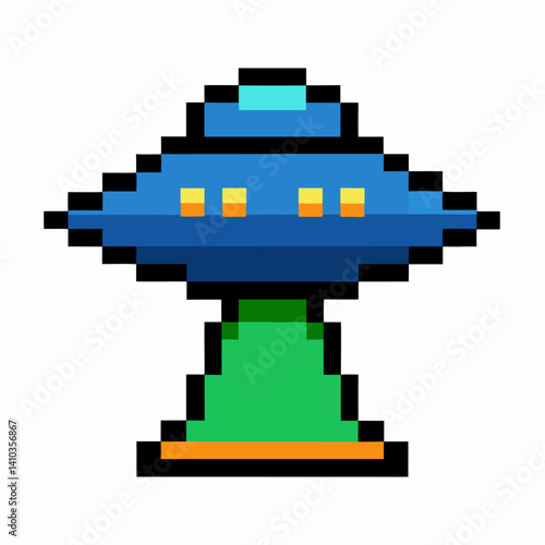 Retro Pixel Art UFO Illustration with Green Beam