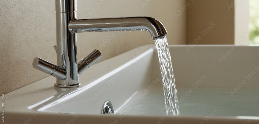 A sleek, modern chrome faucet with water flowing from its spout, captured in mid-motion as droplets of water splash and scatter in all directions