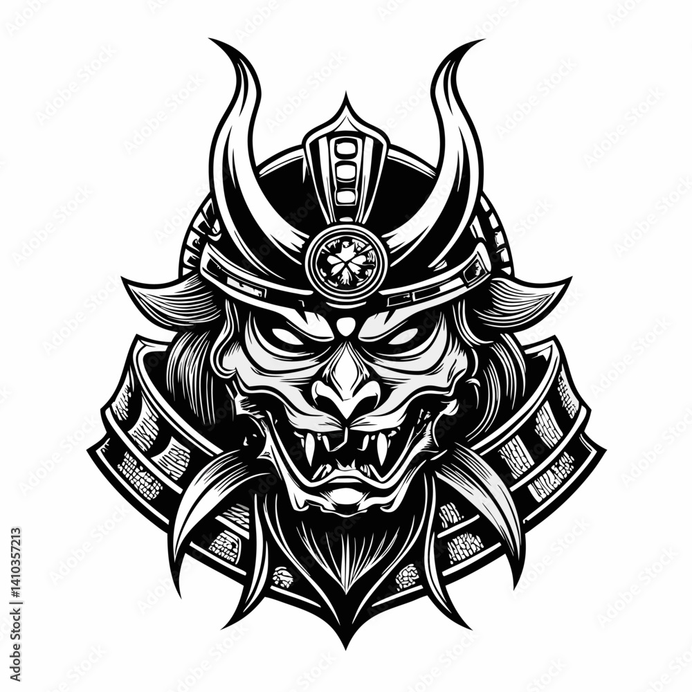 Intricate Samurai Mask Black and White Demon Helmet Illustration Intricate Samurai Mask Black and White Demon Helmet Illustration