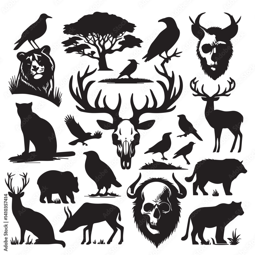 Naklejka premium Various animals vector silhouettes isolated on white background