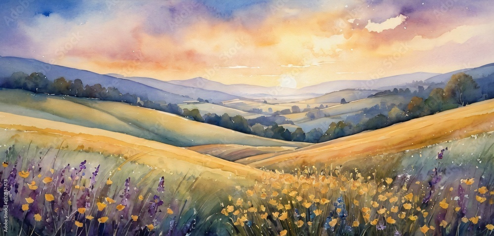 A stunning, ethereal watercolor painting depicting a dreamy landscape with rolling hills and delicate golden wildflowers in the foreground.