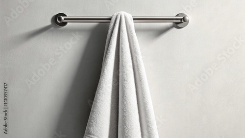 A single, clean white terrycloth towel hangs neatly folded over a brushed metal towel bar on a light gray wall