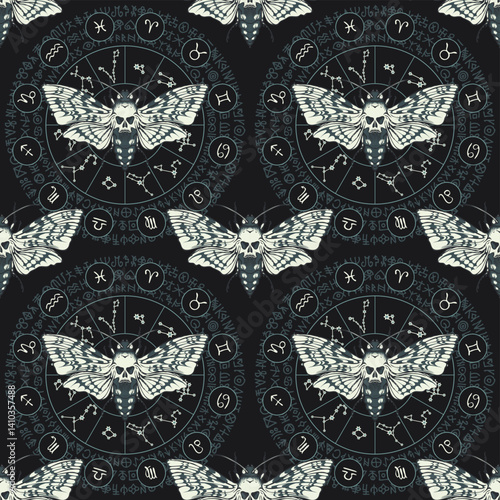 Vector seamless pattern with butterfly death's head on dark background with occult signs and zodiac symbols. Wallpaper, wrapping paper, fabric. T-shirt design