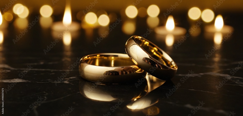 A stunning, full ultra-HD image of two golden wedding rings placed on a luxurious black marble surface with white and gold veining.
