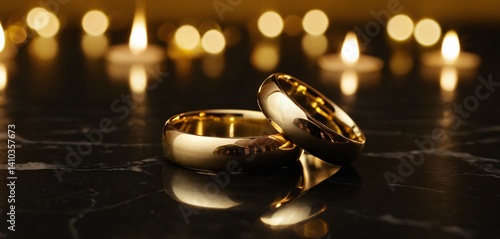 Obraz na płótnie A stunning, full ultra-HD image of two golden wedding rings placed on a luxurious black marble surface with white and gold veining. w salonie