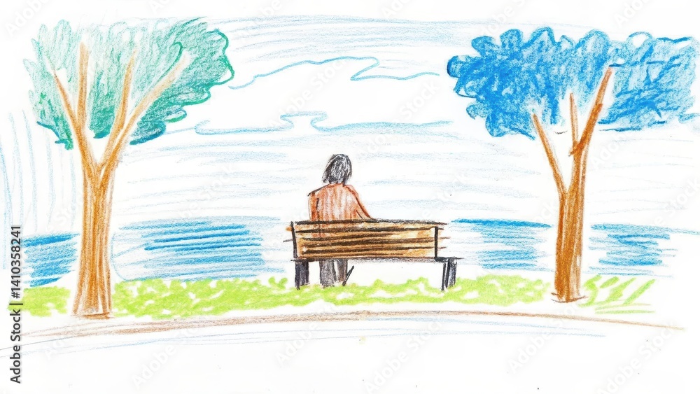 Person sitting on a park bench by the water