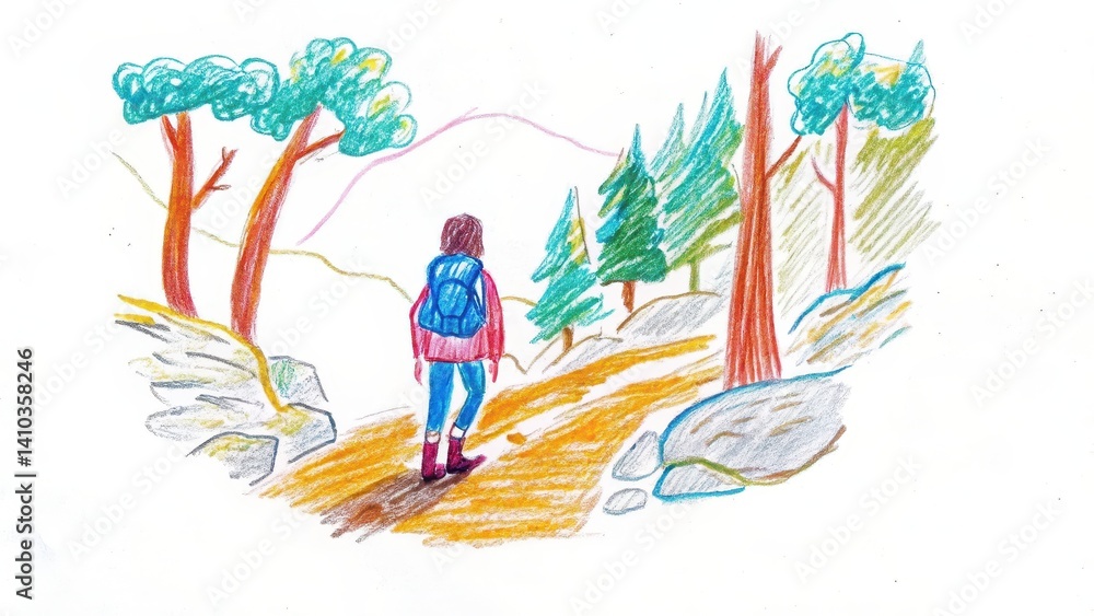 Person hiking joyfully along a colorful forest trail