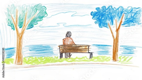 Obraz na płótnie Person sitting on a park bench by the water w salonie