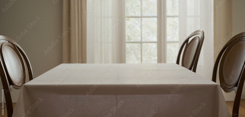 A white tablecloth, elegantly draped over a simple dining table with a soft, textured weave. The fabric falls in gentle folds that create a natural, relaxed appearance