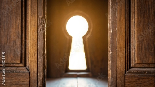 Wallpaper Mural This image captures the perspective from a dark side of a wooden door, looking through a keyhole with a burst of bright light on the other side Torontodigital.ca