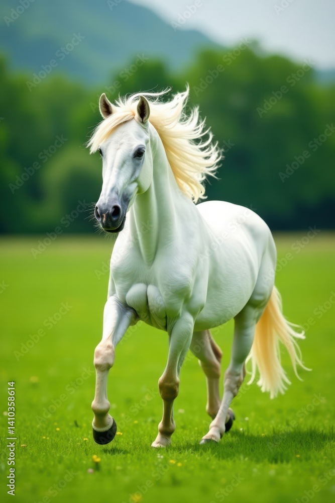 White unicorn mare with long mane running in a green meadow, wildflowers, horses White unicorn mare with long mane running in a green meadow, wildflowers, horses