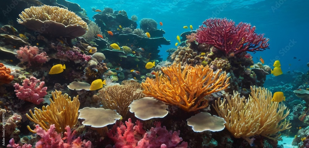An underwater close-up of a thriving coral reef, with an array of soft and hard corals in various shades of red, yellow, and green