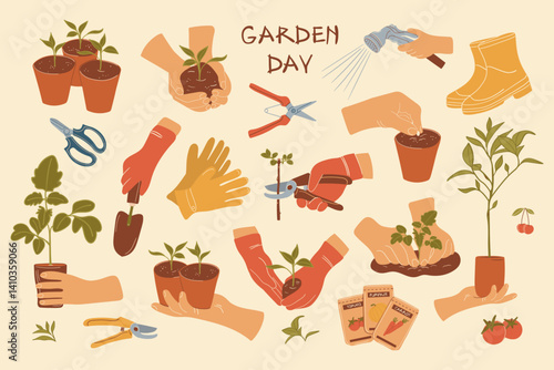 Garden Day Celebration Illustrated Scenes Vector