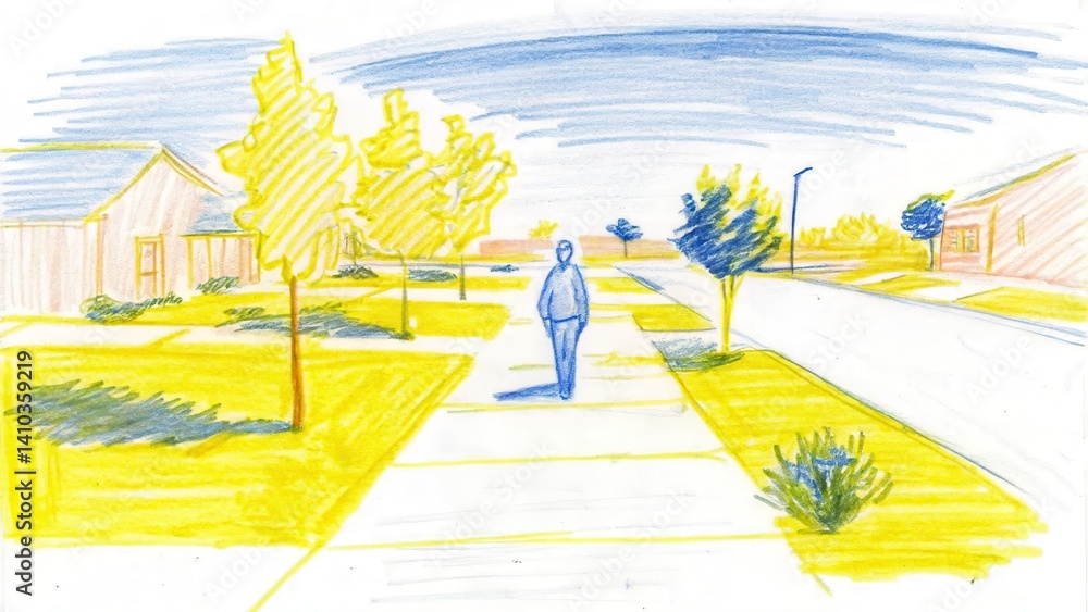 Person walking on a suburban sidewalk surrounded by trees