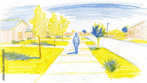 Obraz na płótnie Person walking on a suburban sidewalk surrounded by trees w salonie
