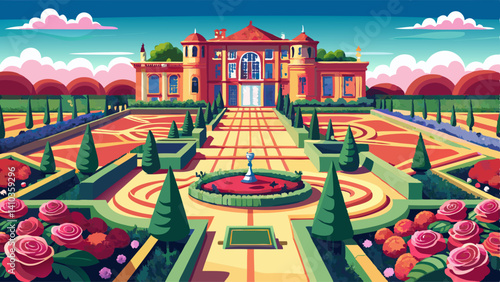 A grand estate features rose beds arranged in precise patterns.
The symmetry and color combinations are a feast for the eyes.