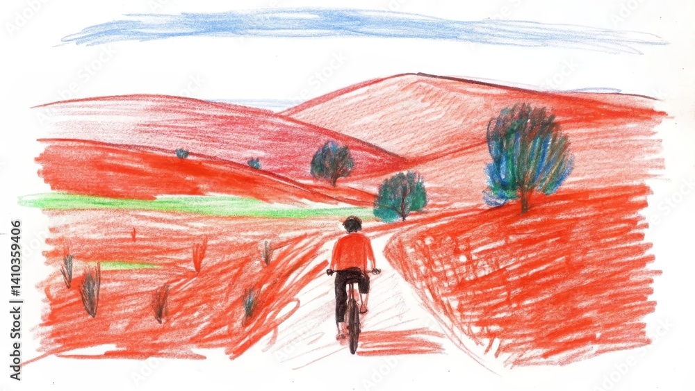 Person riding a bike in a vibrant red rural landscape