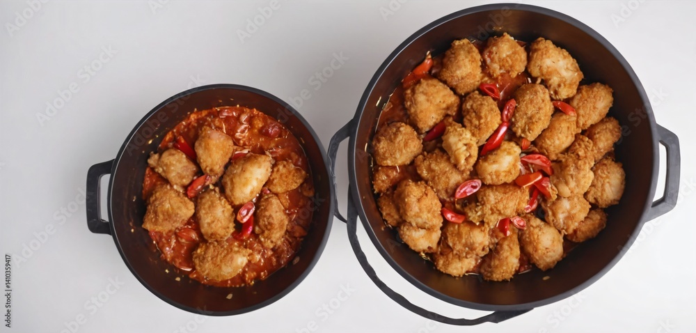 chicken fried spicy isolated on white background bucket ,top view