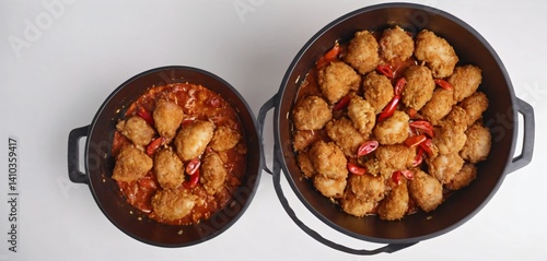 Obraz na płótnie chicken fried spicy isolated on white background bucket ,top view w salonie