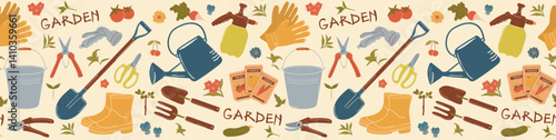 Gardening Tools Horizontal Border Vector Pattern