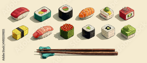Vector illustration of assorted sushi pieces with chopsticks on a light background. Japanese cuisine elements in a clean, minimal and appetizing composition