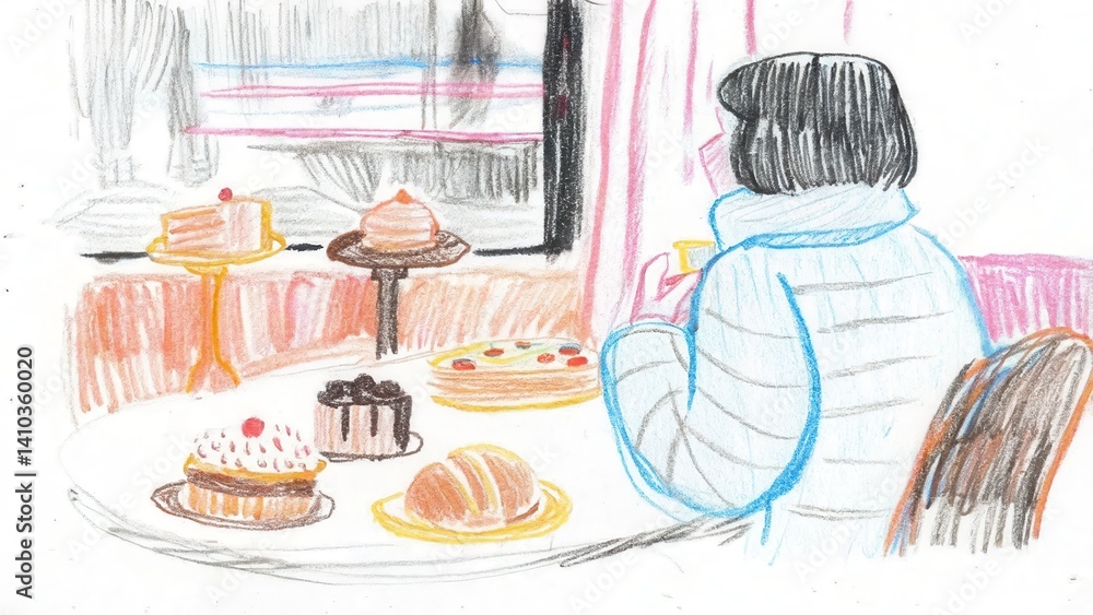 woman enjoying pastries at a cafe table by the window