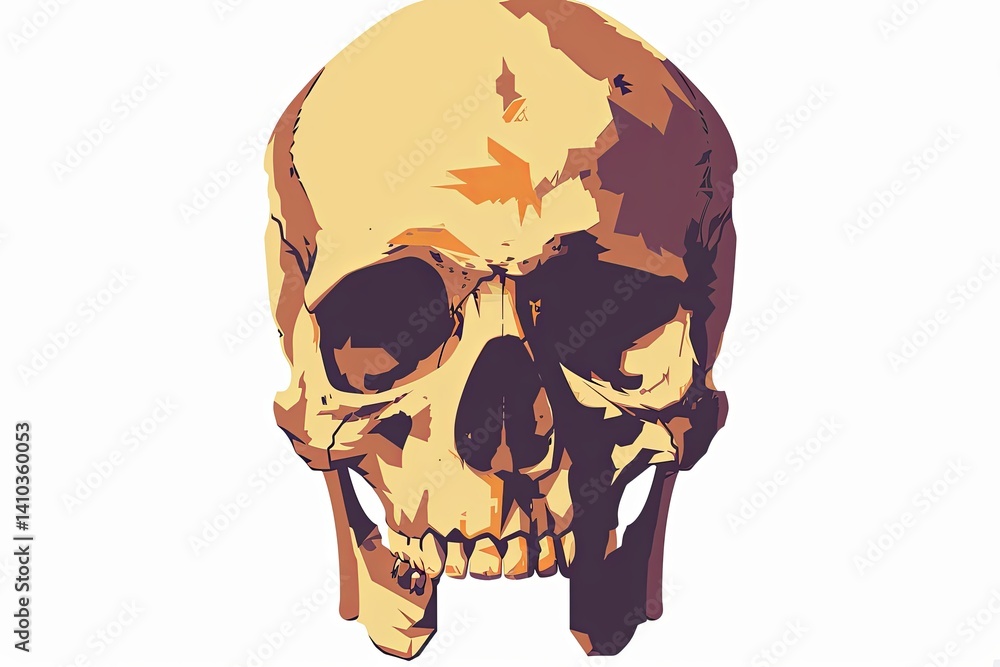 Skull illustration. Golden hues cast eerie shadows, depicting mortality and mystery on a stark white background Skull illustration. Golden hues cast eerie shadows, depicting mortality and mystery on a stark white background