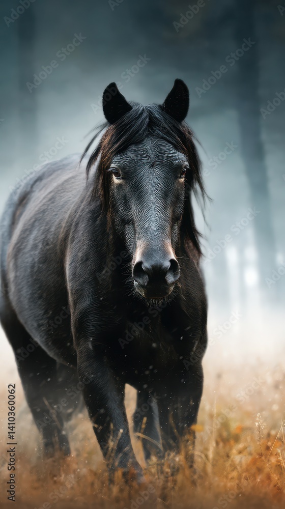Fototapeta premium Majestic black horse trotting through foggy forest with golden grass at sunrise