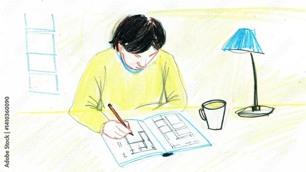 Young person sketching architectural designs at a desk with lamp