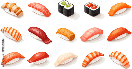 Vector set of different sushi types on white background. Includes nigiri and maki rolls in realistic, clean, and colorful isometric style