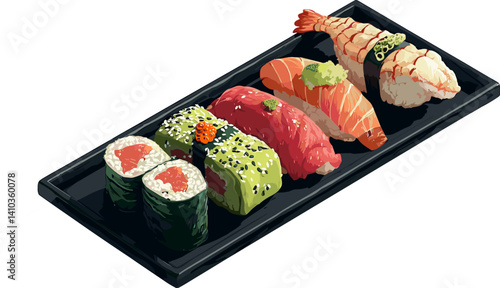 Vector artwork of assorted sushi served on a black tray with shrimp, rolls, and wasabi. Vibrant and fresh food composition in elegant presentation
