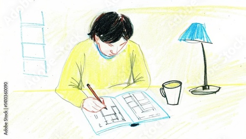 Obraz na płótnie Young person sketching architectural designs at a desk with lamp w salonie